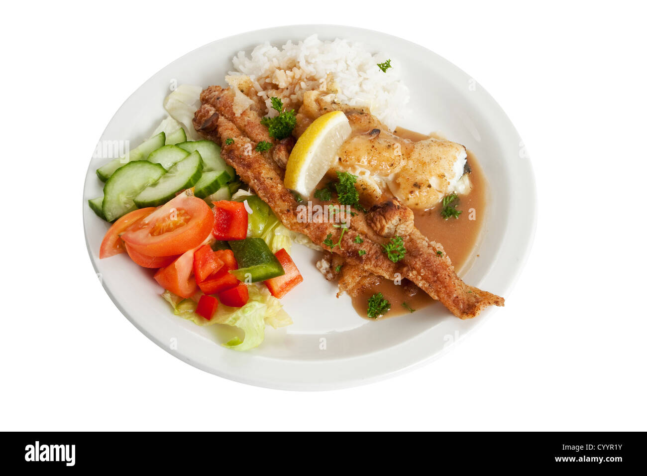 Ein Gericht aus gebratenem Fisch und Reis mit der empfohlenen Futtermenge für durchschnittlich große Person. Stockfoto