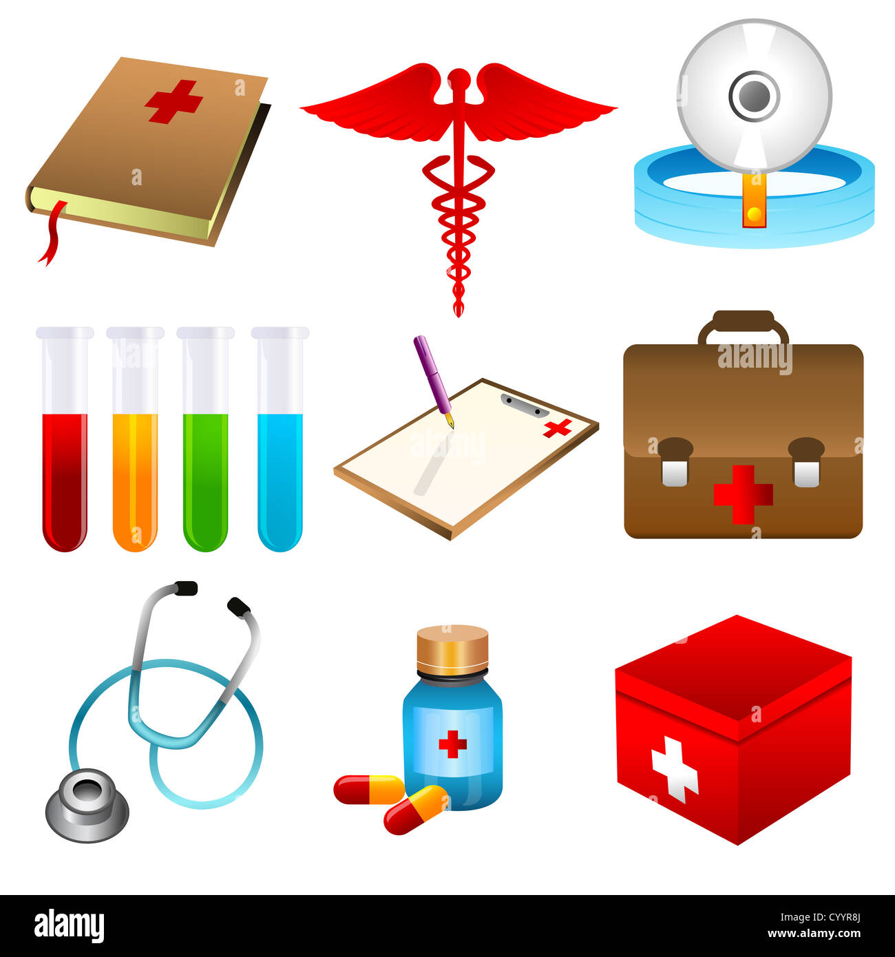 Abbildung der medizinischen Symbole auf weißem Hintergrund Stockfoto