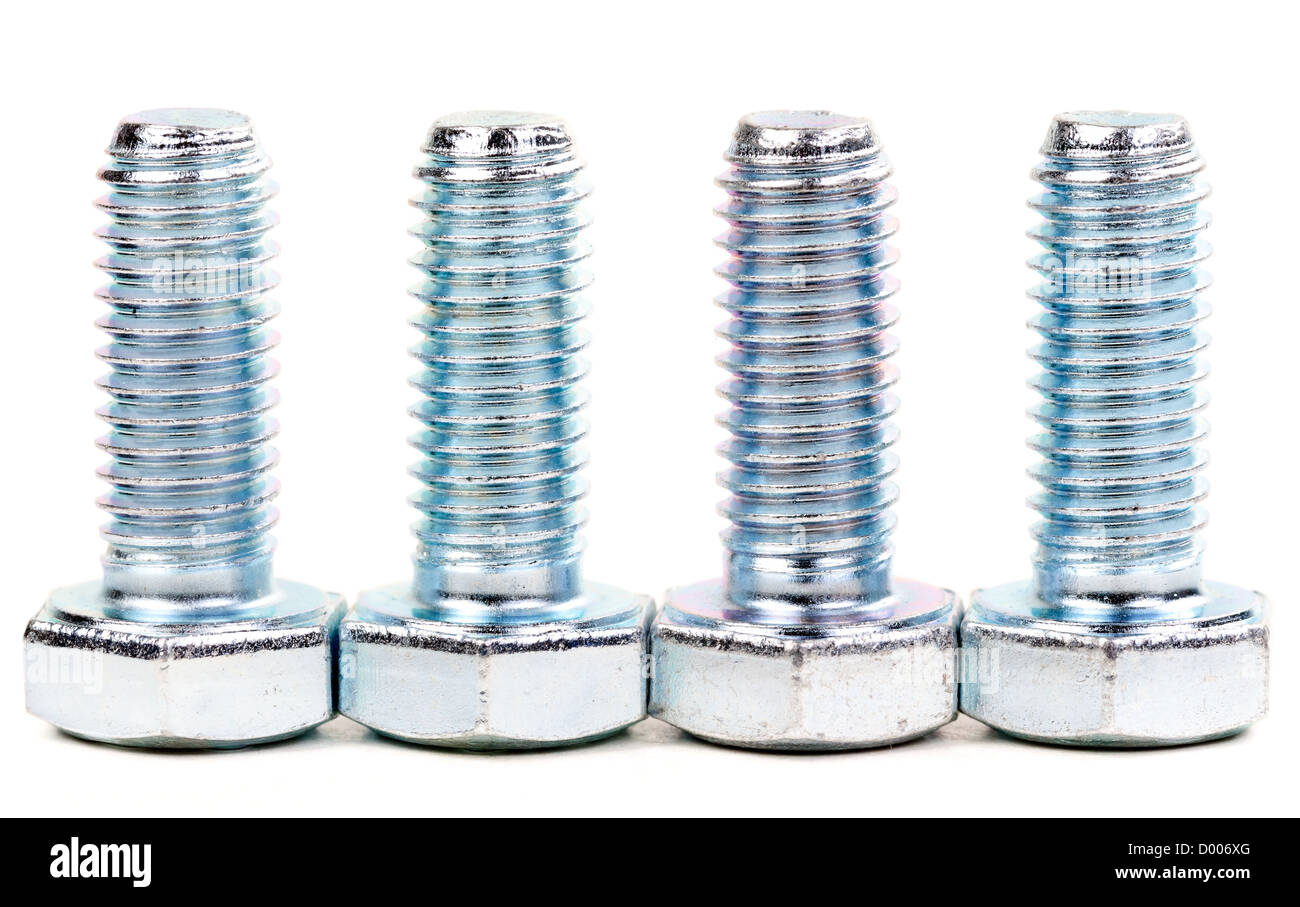 Stahlbolzen sind neu in der Serie auf weißem Hintergrund Stockfoto