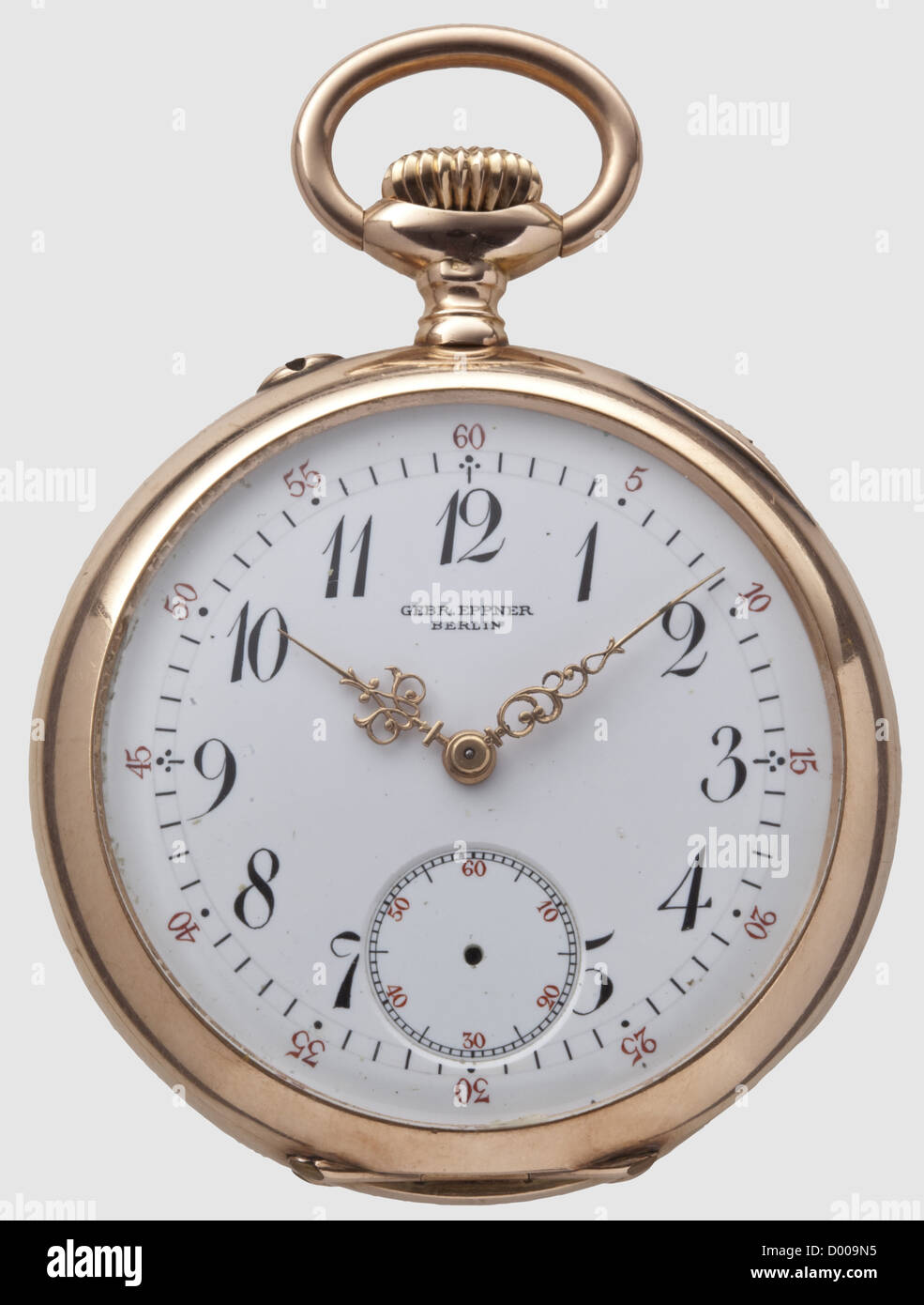 Kaiser Wilhelm II - eine Taschenuhr, Gold Taschenuhr als Preis vom Kaiser ausgezeichnet.White Emaille Zifferblatt mit Breguet-Ziffern, Tochtersekunden, Gold Louis XV Hände, Inschrift 'Gebr. Eppner Berlin'.14 Karat Goldgehäuse, der Deckel mit der gekrönten Chiffre von Wilhelm II.das Innere mit Markenzeichen und Nummer 25947.die Küvette eingraviert "von Kaiser und König Wilhelm II. An den Sieger des Reitturniers des Life Guard Regiments am 23. Juni 1902'(transl.).gilt Brückenbewegung mit Schwanenhalsregulierung,Breguet-Überspulfeder,Ankerhemmung mit ,Additional-Rights-Clearences-nicht verfügbar Stockfoto