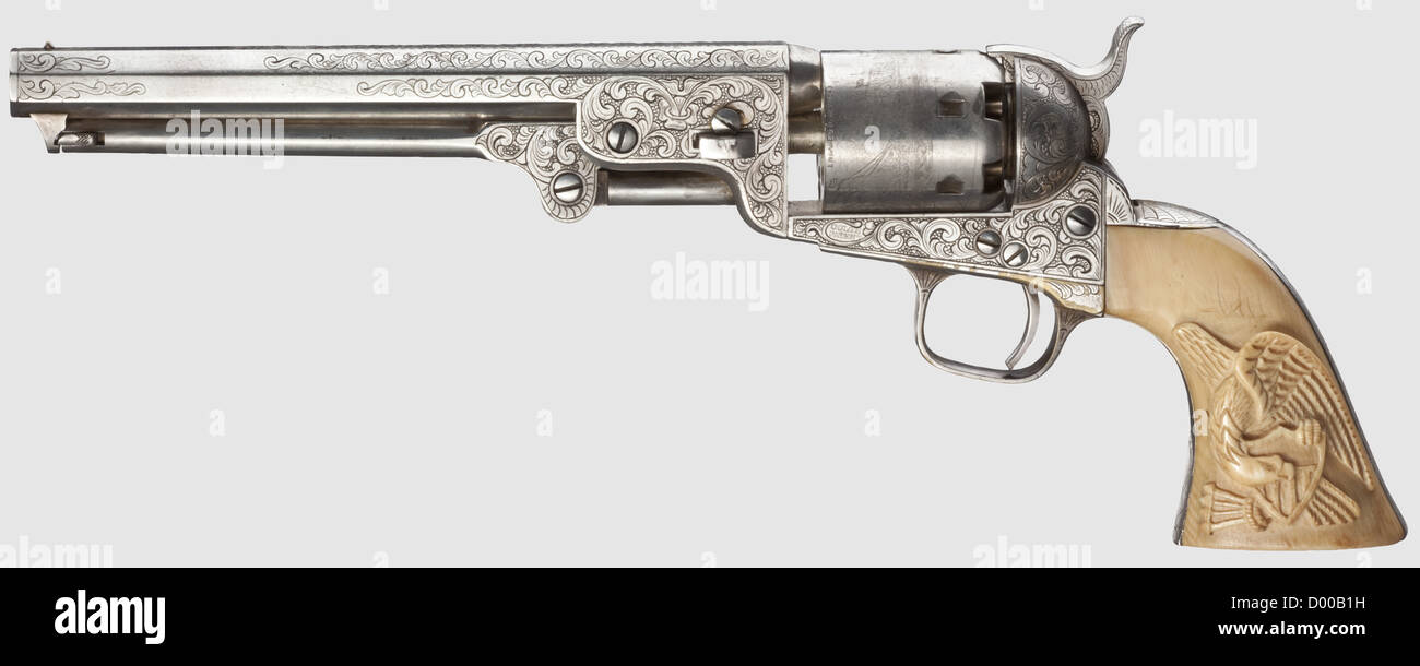 Colt M 1851 Deluxe-Version, Kal. .36, nein 206161, übereinstimmende Zahlen. 7 1/2 Zoll-Lauf mit Gravur „Address Col. SAML. Colt New York USA“. Sechsgeschosszylinder mit aufgerollter Seeschlacht-Szene, Rahmen links 'Colt's Patent' und '36 Cal.' markiert. Lauf und Rahmen mit Weinstock Dekor, alle Metallteile versilbert. Kleine Flecken um den Abzugsschutz und den Rückengurt. Elfenbein Griffplatten mit Adler in Halb-Relief. Länge 33.5 cm. Werbsscheinpflichtig,historisch,19. Jahrhundert,Zivilhandfeuerwaffen,Handfeuerwaffen,Kanonen,Schusswaffen,Schusswaffen,Schusswaffen,Schusswaffen,Zusatzrechte-Clearences-nicht vorhanden Stockfoto