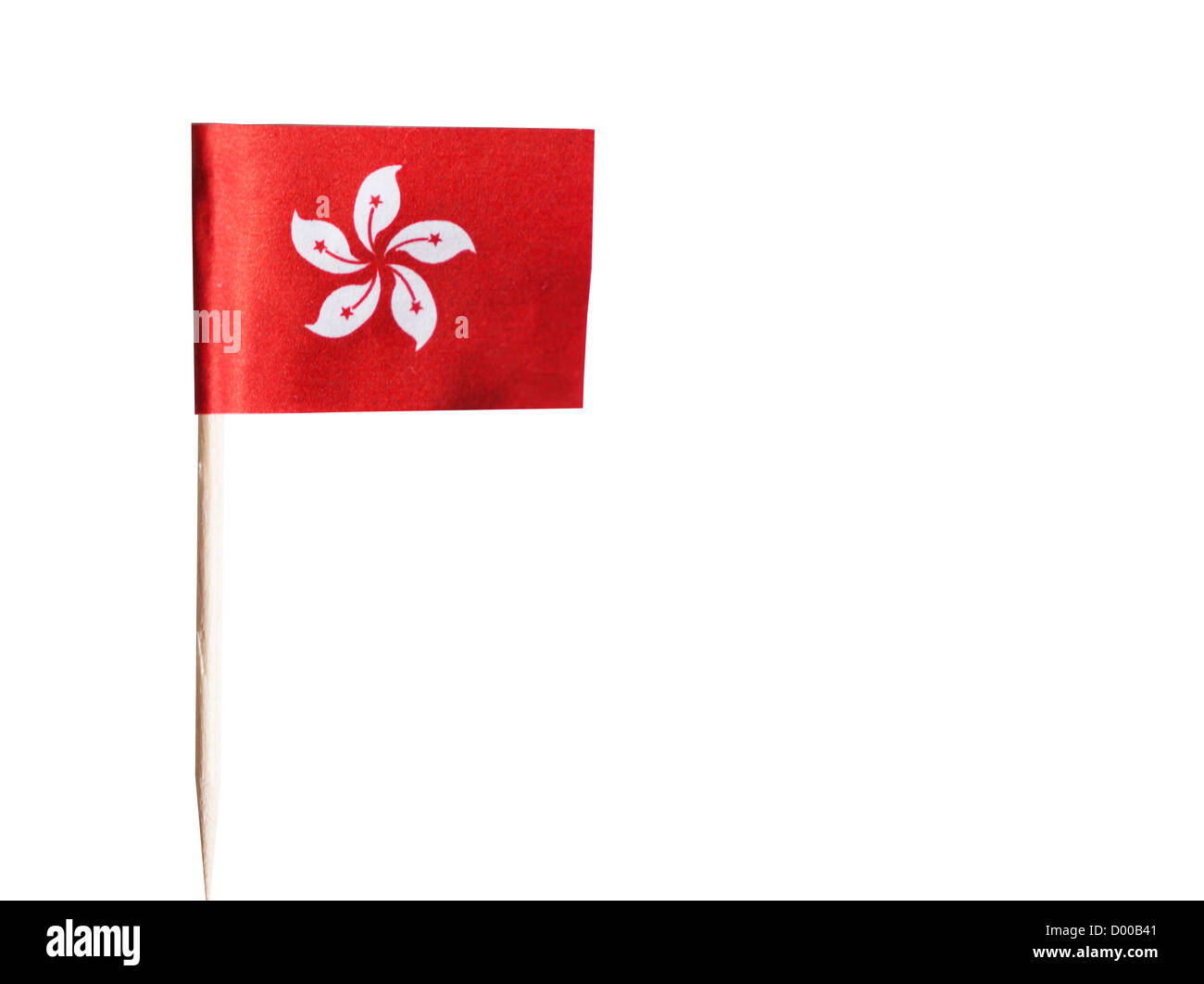 Hong Kong Flagge in Zahnstocher vor weißem Hintergrund Stockfoto