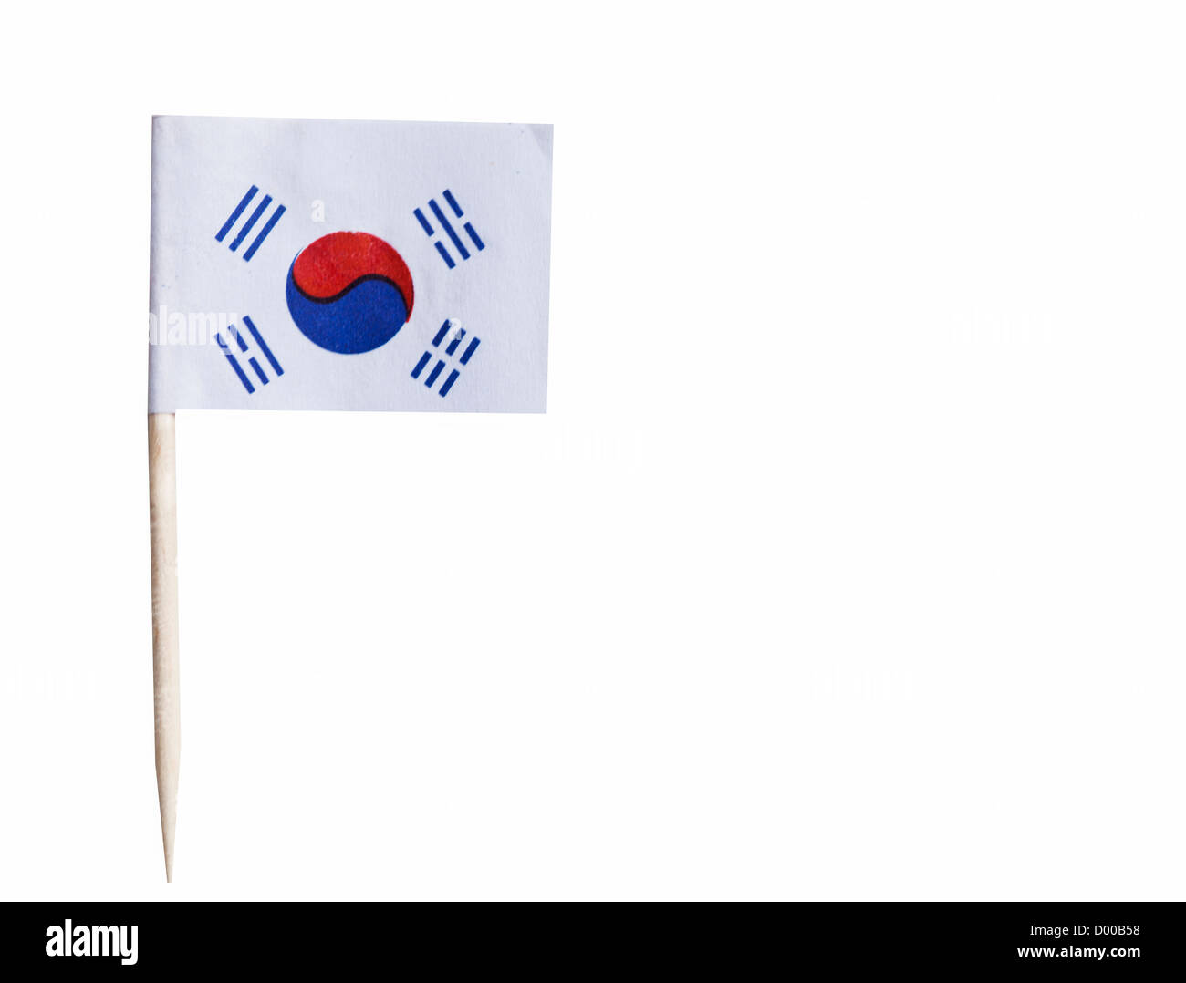 Koreanische Flagge in Zahnstocher vor weißem Hintergrund Stockfoto