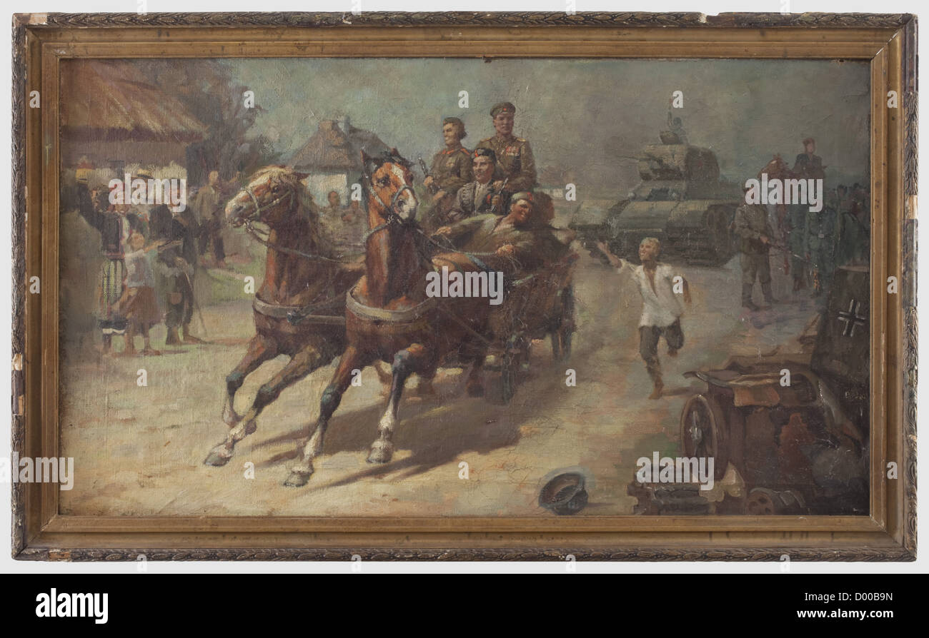 Die Gefangennahme deutscher Soldaten, Sowjetunion, um 1944 - 45. Öl auf Leinwand. In einem vergoldeten Rahmen. Nicht Signiert. Seitlich am oberen Teil der Trage befindet sich ein handgeschriebenes Etikett 'Revnov'. Dargestellt ist die Befreiung eines ukrainischen Dorfes durch sowjetische Soldaten. Im Hintergrund deutsche Gefangene unter Wache vor einem zerstörten Panzer. Segeltuch etwas beschädigt, Rahmen mit Defekten. Bildgröße 82 x 143.5 cm,gerahmte Maße 94 x 156 cm,historisch,Menschen,1930er,20. Jahrhundert,Gemälde,Bild im Rahmen,Bilder,gerahmt,Illustrationen,m,zusätzliche-Rechte-Clearences-nicht verfügbar Stockfoto