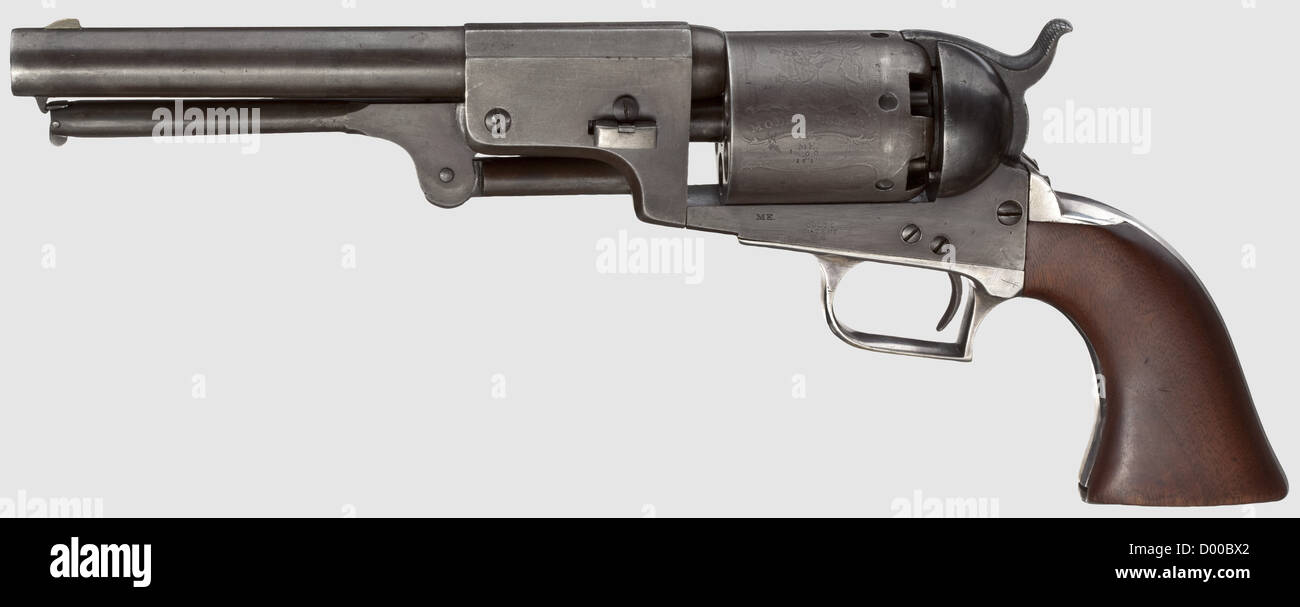 Colt Dragoon, 1. Modell, bestehend aus alten Teilen.Cal..44,Nr. 2808,Zylinder markiert 181.7 1/2'-Lauf mit der Bezeichnung "Adresse SAML.Colt New York City".Sechsgeschosszylinder mit gut erhaltenen Reiterschlachtszene.auf der linken Seite des Rahmens gestempelt 'Colt's Patent U.S.'.Trigger Guard und Griffrahmen aus versilbertem Messing,Nussbaum Griff.Barrel,Rahmen und Zylinder mit minimal Prüfstempel 'ME'.mit guter Bohrung.60% Von original Bluing, versilbert entlang Trigger Guard Kanten getragen.Länge 36 cm.Waffe vermutlich zusammen aus o, zusätzliche-Rechte-Clearenzen-nicht verfügbar Stockfoto