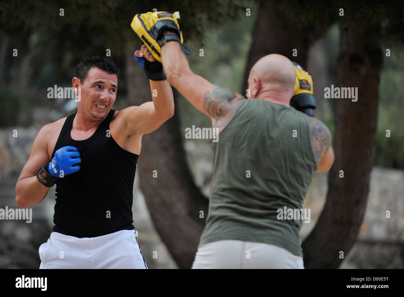 zwei Männer Praxis Martial Arts in einem park Stockfoto