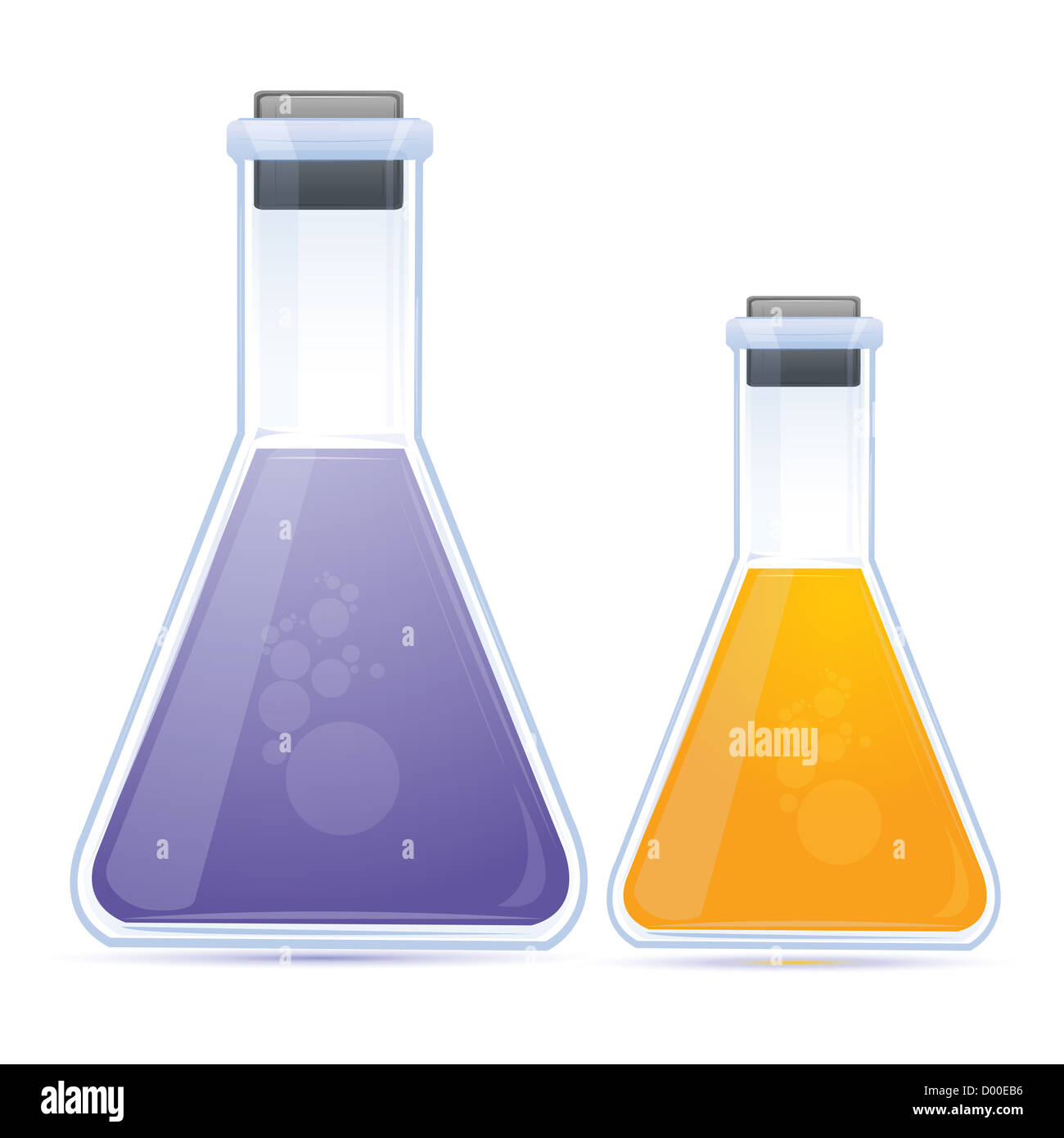 Darstellung der farbigen Chemikalie in Flasche auf weißem Hintergrund Stockfoto