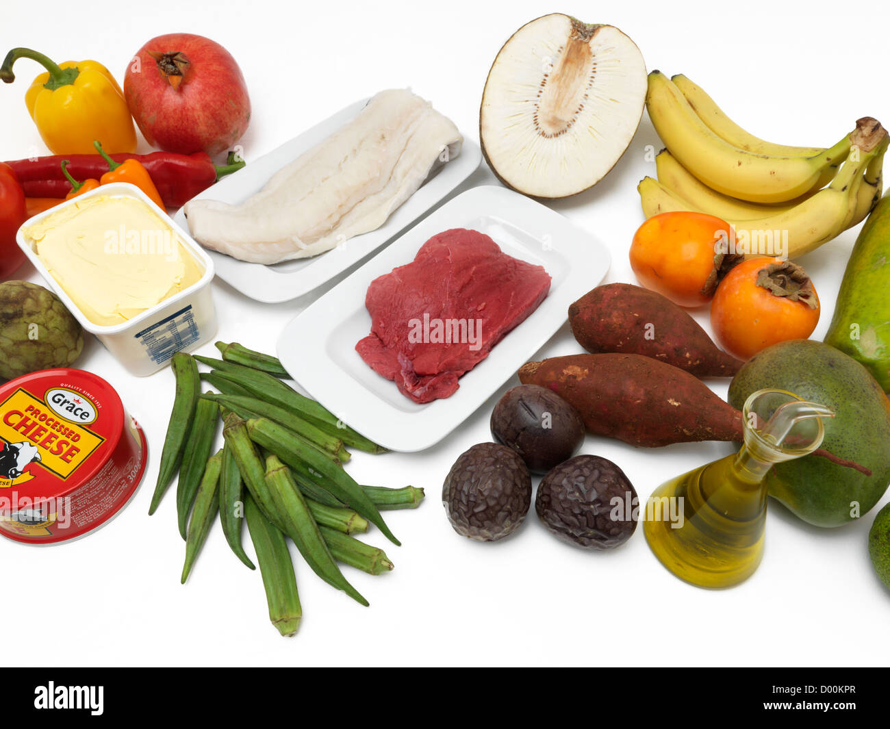 Karibische rohes Fleisch, Fisch und Gemüse Obst Olivenöl Margarine und Käse Stockfoto
