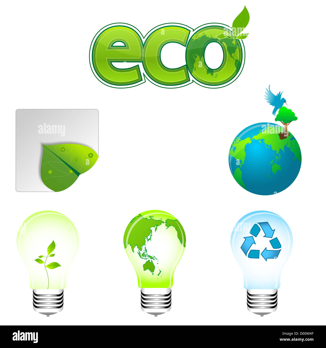 Illustration der Papierkorb Eco mit Blatt, Globe und elektrische Glühbirne auf weißem Hintergrund Stockfoto