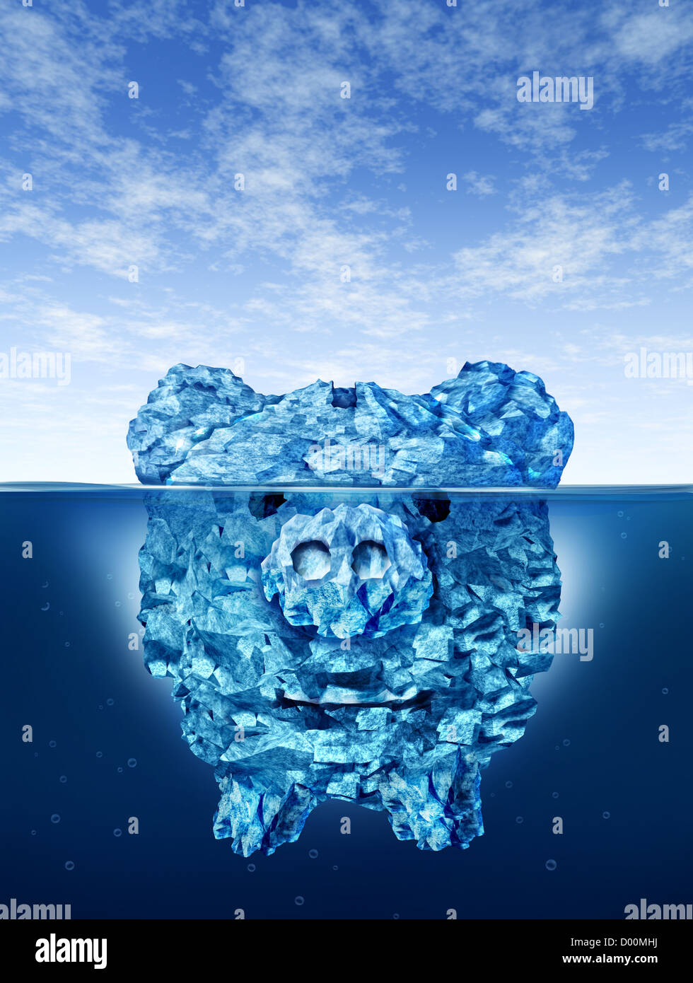Einsparungen Risiko und Investition Geld Gefahren und Gefährdungen mit einem Eisberg in der Form ein Sparschwein mit einer trügerischen gefährliche Eis im kalten arktischen Wasser mit einem kleinen Teil von den gefrorenen Berg über dem Meer versteckt. Stockfoto