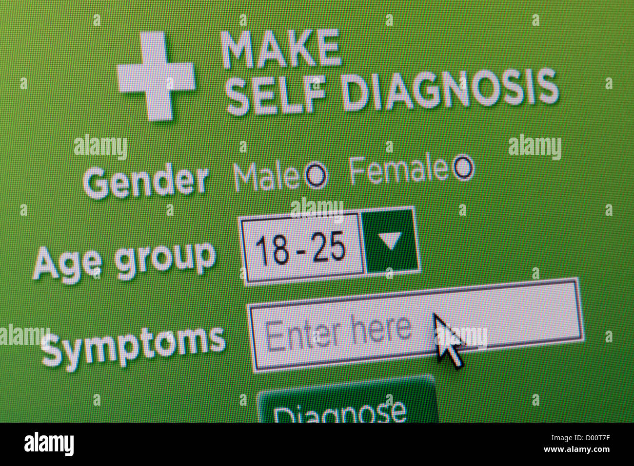 Nahaufnahme einer fiktiven Website einladen von Benutzern selbst medizinische Diagnose stellen. Stockfoto