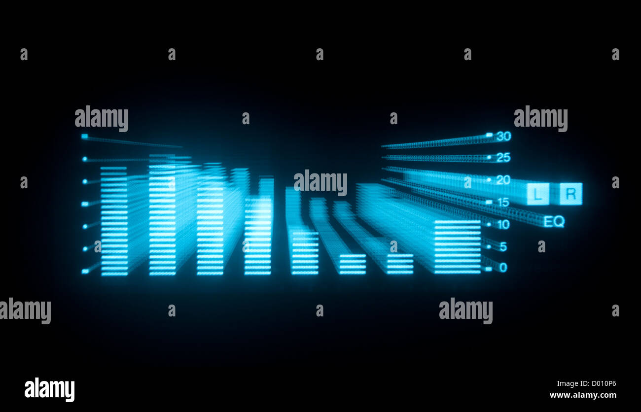 Musik-Grafik-EQs und Audioanalyse Clip. erschossen von der Anzeige eines Stereo-Hifi-Systems Stockfoto