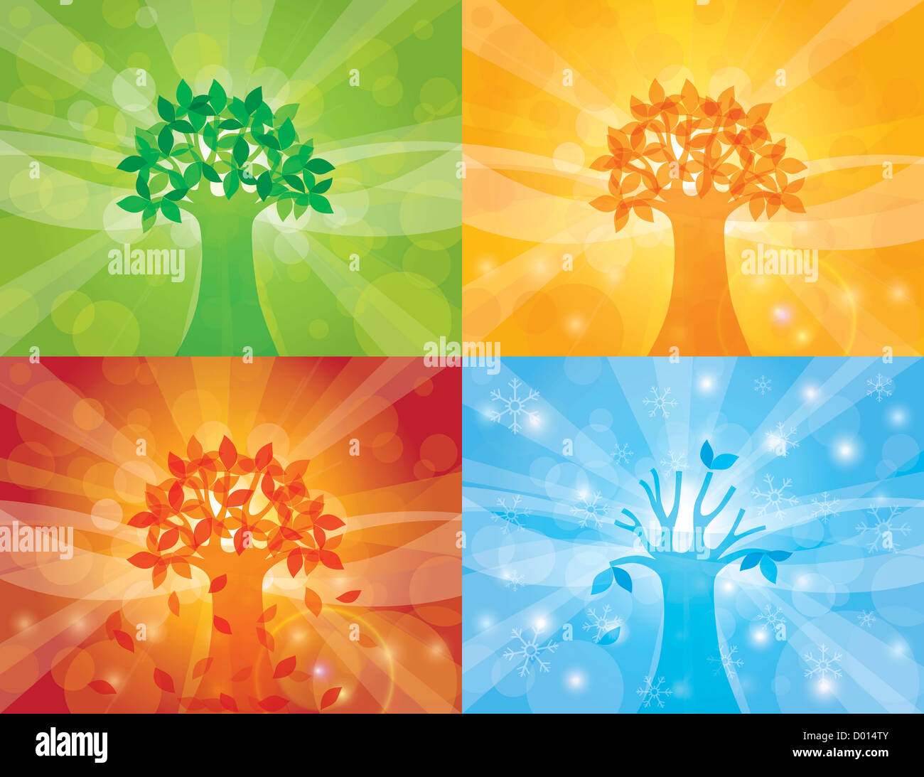 Vier Jahreszeiten Frühling Sommer Herbst Winterbäume mit Sonnenstrahlen Hintergrund Illustration Stockfoto