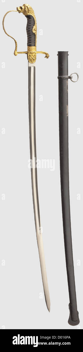 Ein Löwenkopf Säbel für Artillerie Offiziere, kein Maker (Clemen & Jung?) sehr schön, vernickelte Klinge ohne Maker's Mark. Der Knöchelbogen-Griff in reichhaltigem Relief mit wunderschön erhaltener Vergoldung, Querruder-langue mit gekreuzten Kanonenfässern, Löwenkopf mit zwei eingesetzten roten Glasaugen. Schwarzer Kunststoffgriff mit Drahtumwicklung. Schwarz lackierte Stahlscheide (einige Kratzer, eingekerbte Bereiche). Länge 95 cm, historisch, historisch, 1930er, 1930er, 20th Jahrhundert, Armee, Armeen, Streitkräfte, Militär, Militaria, Objekt, Objekte, Stills, Ausschneiden, Ausschneiden, Ausschneiden, Ausschneiden, zusätzliche-Rechte-Clearences-nicht verfügbar Stockfoto