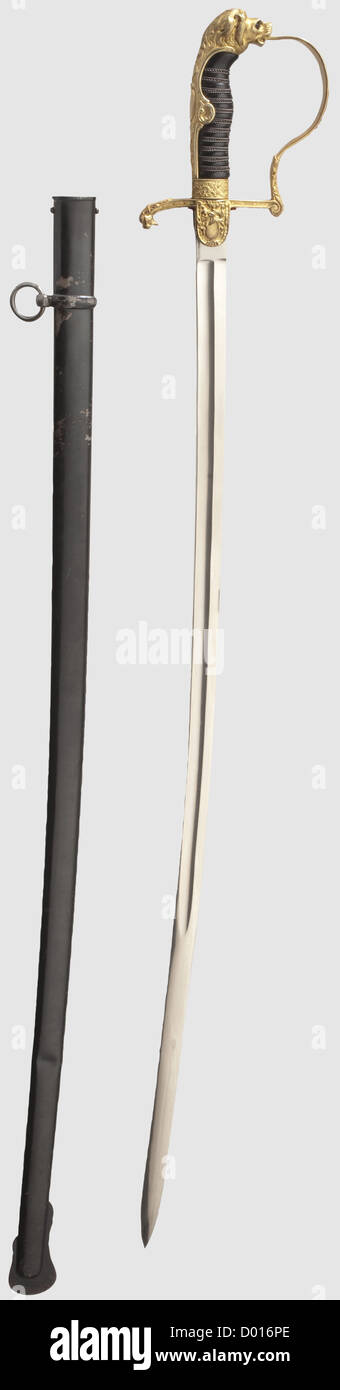 Ein Löwenkopf Säbel für Artillerie Offiziere, kein Maker (Clemen & Jung?) sehr schön, vernickelte Klinge ohne Maker's Mark. Der Knöchelbogen-Griff in reichhaltigem Relief mit wunderschön erhaltener Vergoldung, Querruder-langue mit gekreuzten Kanonenfässern, Löwenkopf mit zwei eingesetzten roten Glasaugen. Schwarzer Kunststoffgriff mit Drahtumwicklung. Schwarz lackierte Stahlscheide (einige Kratzer, eingekerbte Bereiche). Länge 95 cm, historisch, historisch, 1930er, 1930er, 20th Jahrhundert, Armee, Armeen, Streitkräfte, Militär, Militaria, Objekt, Objekte, Stills, Ausschneiden, Ausschneiden, Ausschneiden, Ausschneiden, zusätzliche-Rechte-Clearences-nicht verfügbar Stockfoto