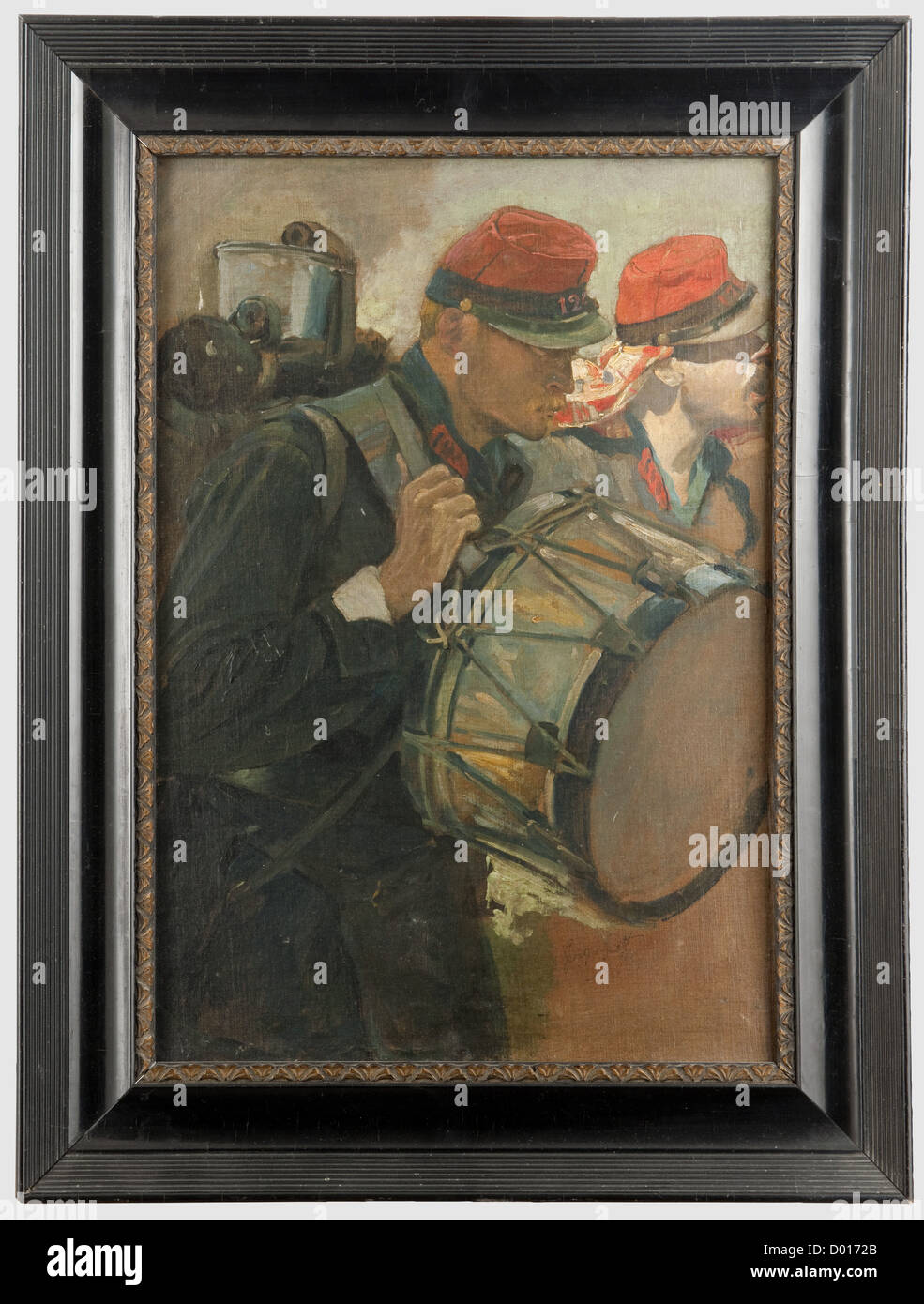 In die Schlacht - Georges Bertin Scott, Darstellung zweier Infanteristen mit Rucksäcken und Trommel. Öl auf Leinwand, 32 x 46 cm, rechts unten signiert, restauriert, rückgetragt, alter Rahmen 43 x 59 cm. Georges Bertin Scott, auch bekannt als Scott de Plagnolles (1873 - 1842) war ein offizieller Kriegsmaler im Dienste des französischen Armeekommandos, historisch, Menschen, 20. Jahrhundert, Malerei, Malerei, Bildende Kunst, Kunst, Illustration, Mann, Männer, männlich, Zusatzrechte-Clearences-nicht verfügbar Stockfoto