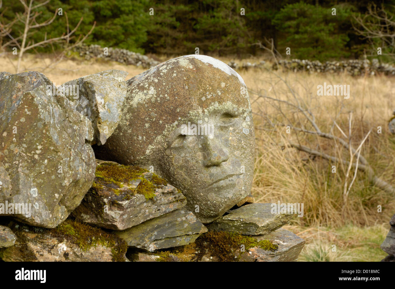 Stein-Skulptur von Köpfen in Trockenmauer namens Quorum platziert Stockfoto