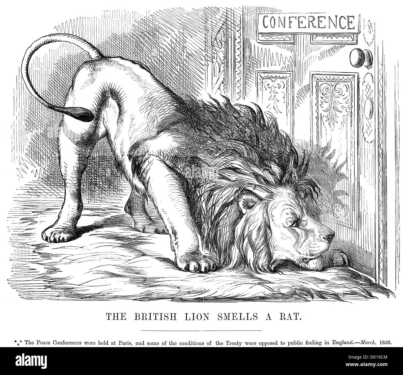 Der britische Löwe riecht eine Ratte. Die Friedenskonferenzen in Paris statt, über das Ende des Krimkrieges 1856 zu bringen Stockfoto