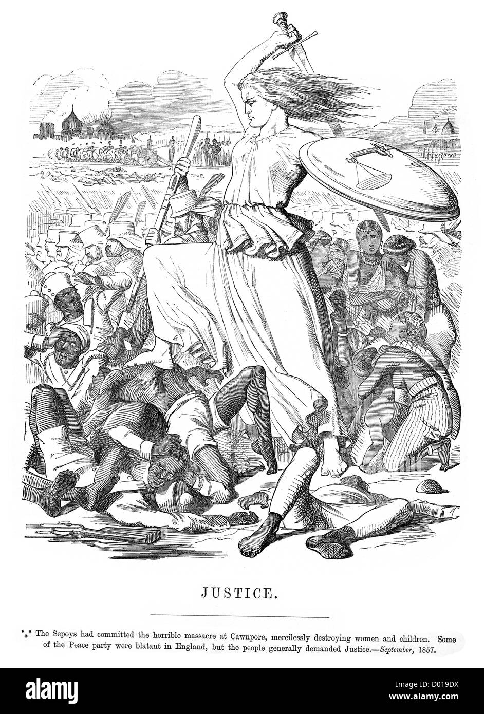 Justiz. Die britische Reaktion auf das Massaker in Cawnpore während der indischen Meuterei-Karikatur. September 1857. Stockfoto