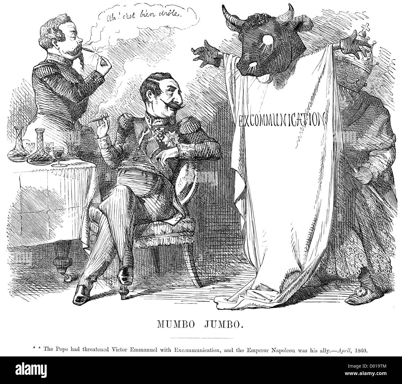 "Mumbo Jumbo". Politische Karikatur über den Papst Victor Emmanuel mit Exkommunikation, April 1860 bedrohlich Stockfoto