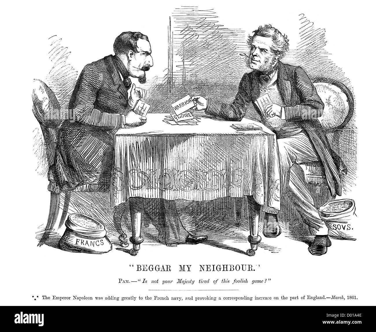 Mein Nachbar Bettler. Politische Karikatur über ein Wettrüsten zwischen der britischen und der französischen Marine März 1861 Stockfoto