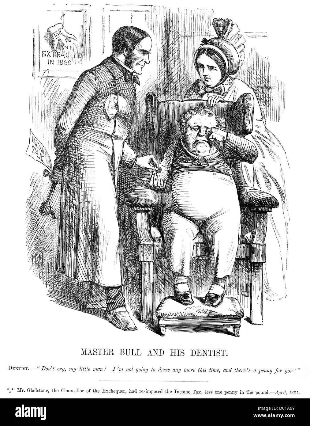 Master-Bull und seinen Zahnarzt. Politische Karikatur über Gladstone Verhängung der Einkommensteuer April 1861 Stockfoto