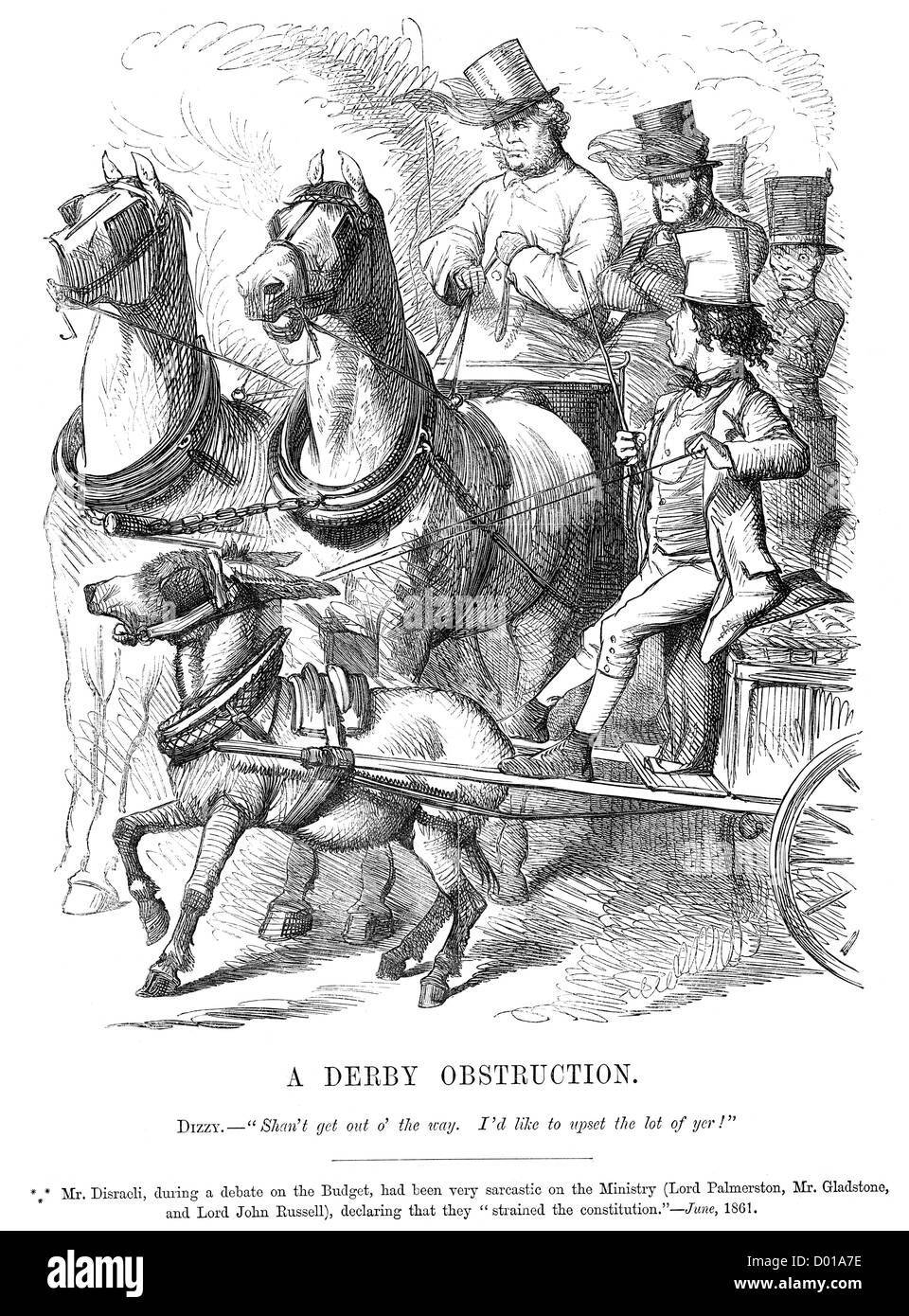 Derby-Obstruktion. Politische Karikatur über Angriff auf das Ministerium für Palmerston Disraeli, Gladstone und Lord John Russell Stockfoto