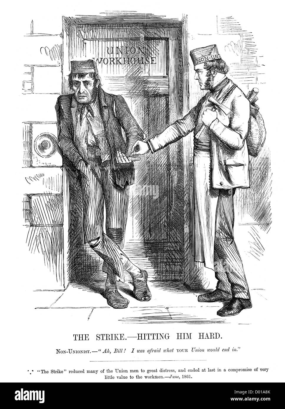 Der Streik trifft ihn hart. Politische Karikatur über London-Erbauer-Strike, Juni 1861 Stockfoto