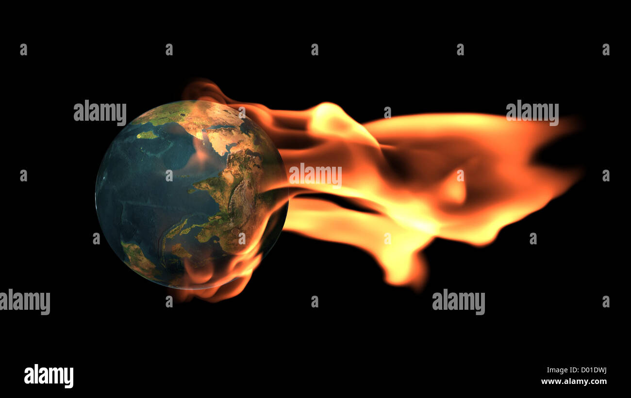 Globaltemperaturanstiegbegriff, Planet Erde, umgeben von Flammen Stockfoto