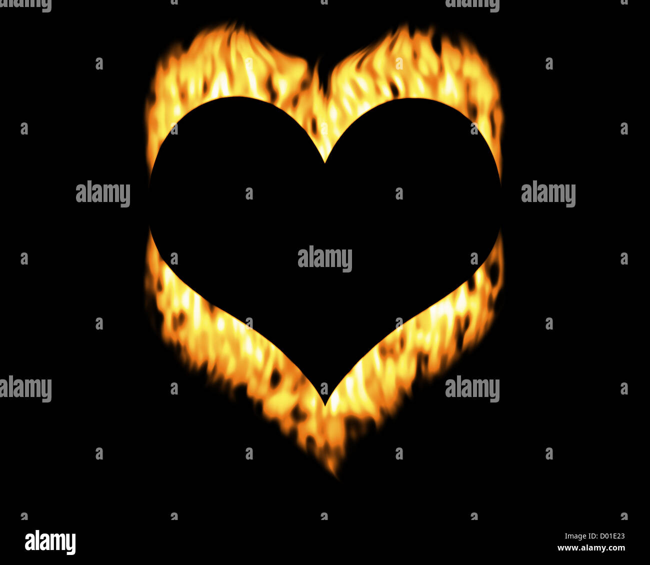 Schwarzes Herzform Hintergrund gelbe Flamme Stockfoto