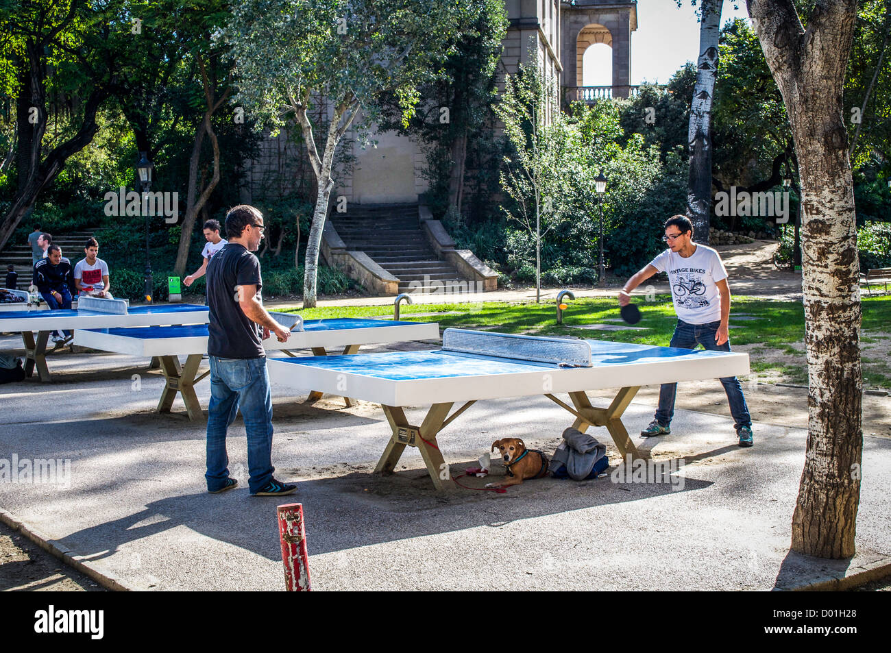 Unbekannte Männern spielen Ping-Pong in den Parc De La Ciutadella in Barcelona, Spanien an einem sonnigen Tag, während andere Leute zuschauen. Stockfoto