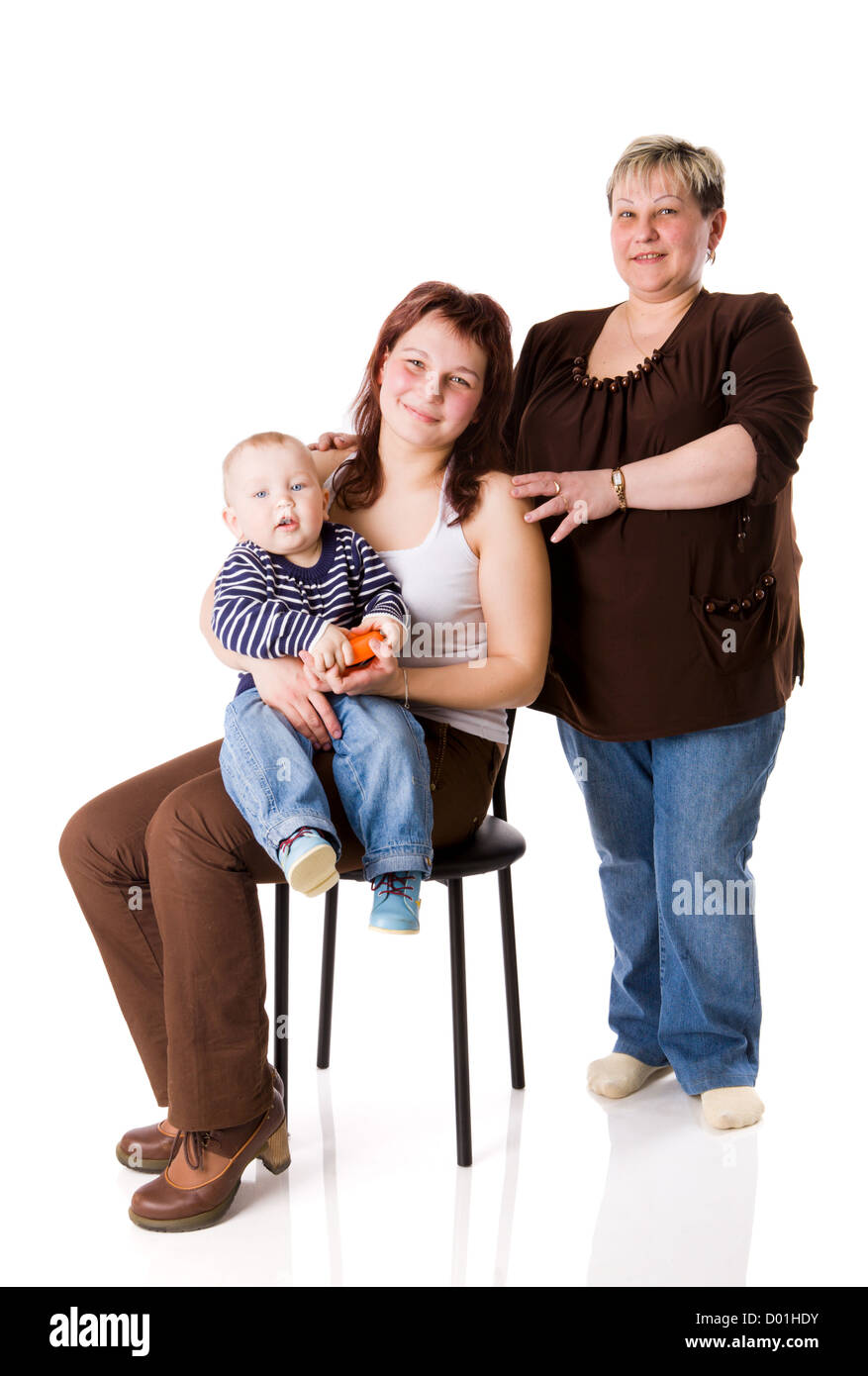 Drei-Generationen - Familie junge, Mutter und Großmutter isoliert auf weiss Stockfoto