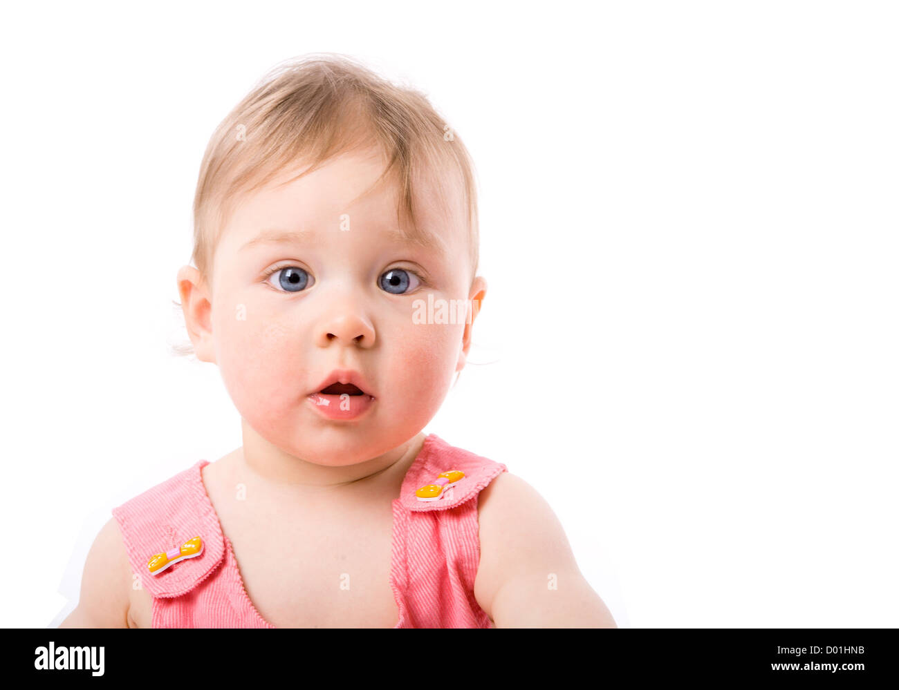 Niedliche neugierig blue eyed Baby Mädchen Porträt isoliert auf weiss Stockfoto