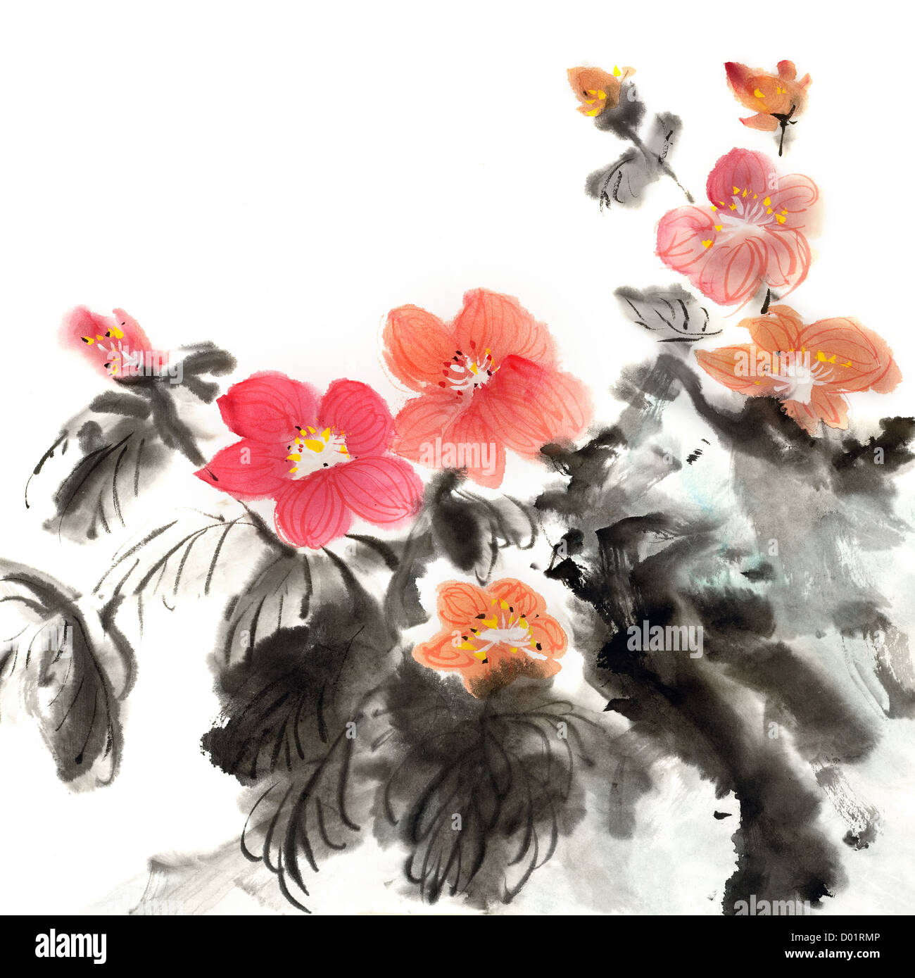 Bunte chinesische Malerei, traditionelle Tinte Kunstwerk Blumen auf weißem Hintergrund. Stockfoto