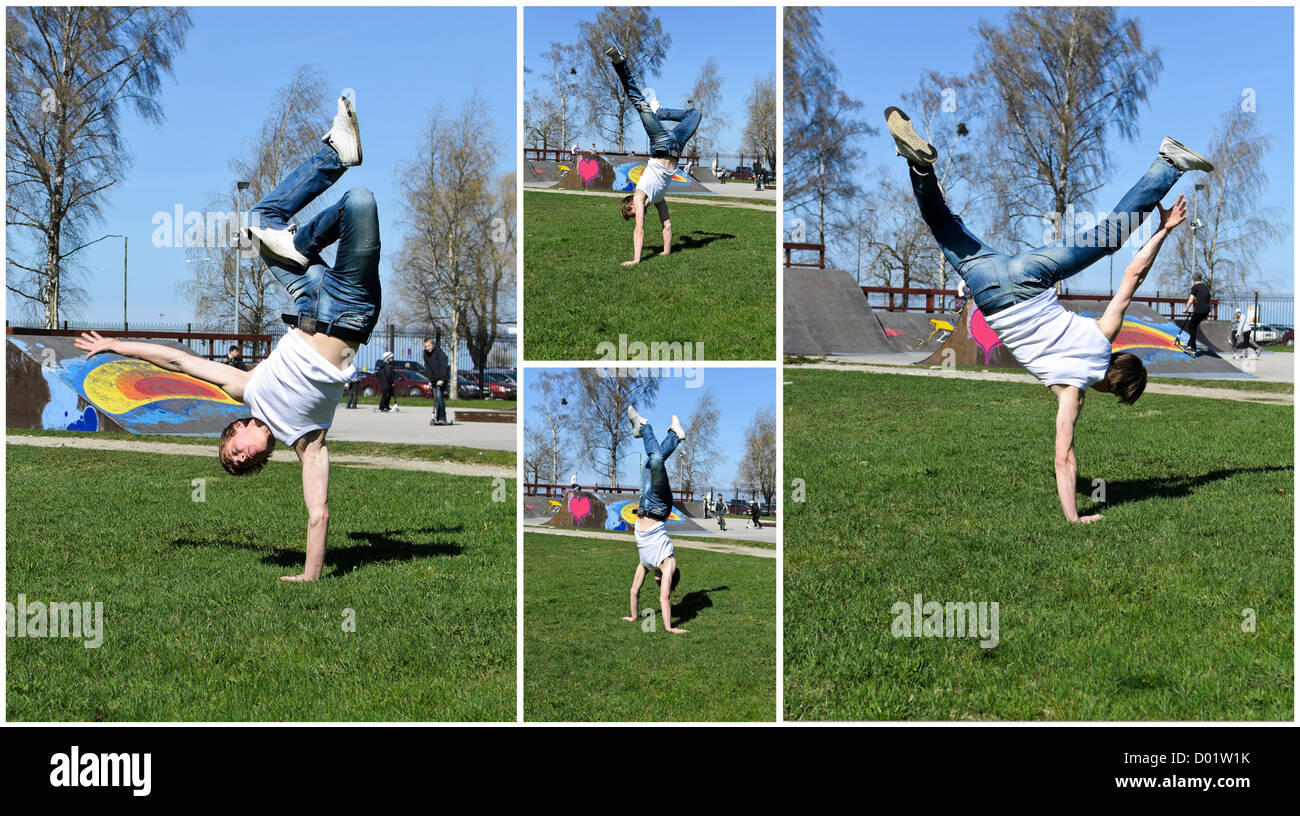 Breakdancer seine Fähigkeiten zeigen. Collage aus vier Fotos. Stockfoto