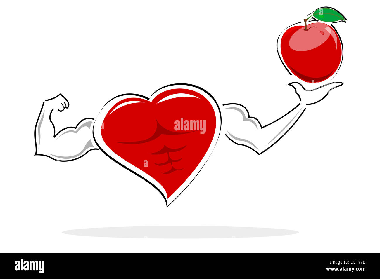 Abbildung des gesunden Herzens hält Apfel auf weißem Hintergrund Stockfoto