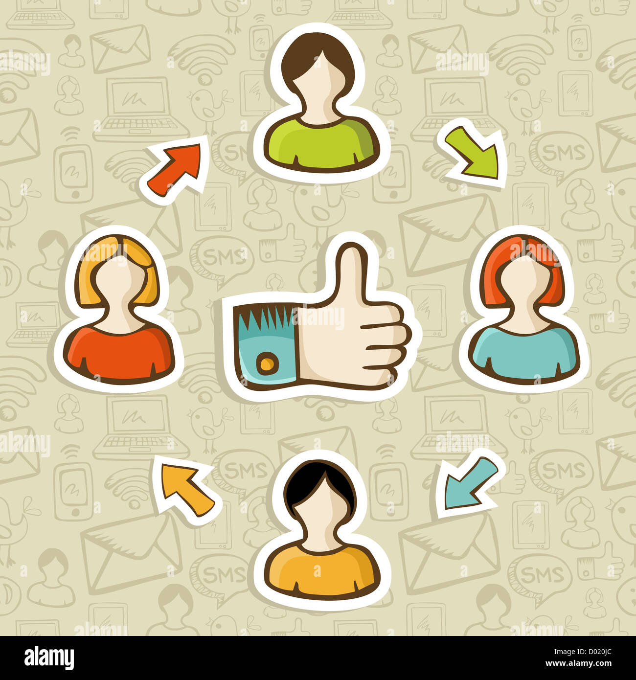 Daumen Sie hoch Freundschaft social-Media-Diagramm über Musterdesign Hintergrund. Vektor-Illustration für einfache Handhabung und individuelle Färbung geschichtet. Stockfoto