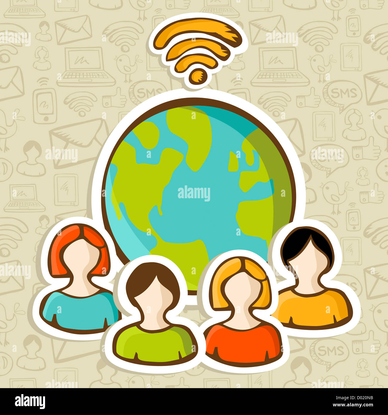 Vielfalt global Menschen Internetverbindung über skizzieren Symbole Musterdesign. Vektor-Illustration für einfache Handhabung und individuelle Färbung geschichtet. Stockfoto