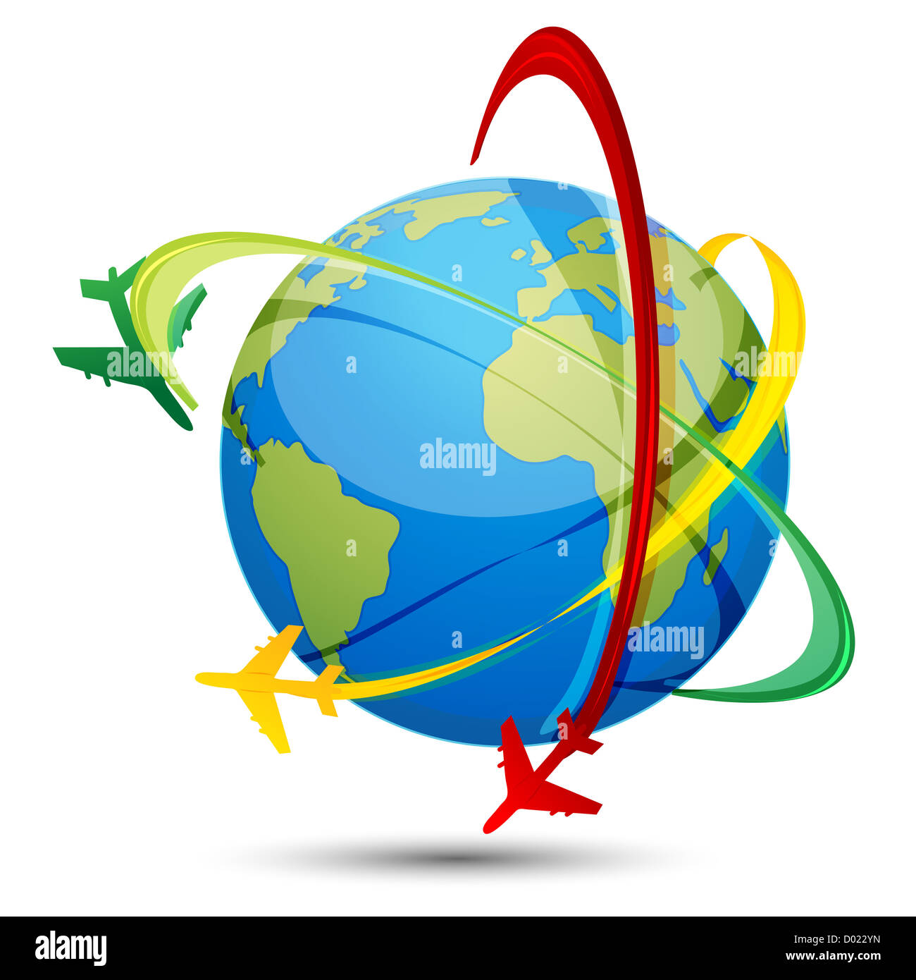 Abbildung der World Tour mit Flugzeugen und Globus auf weißem Hintergrund Stockfoto