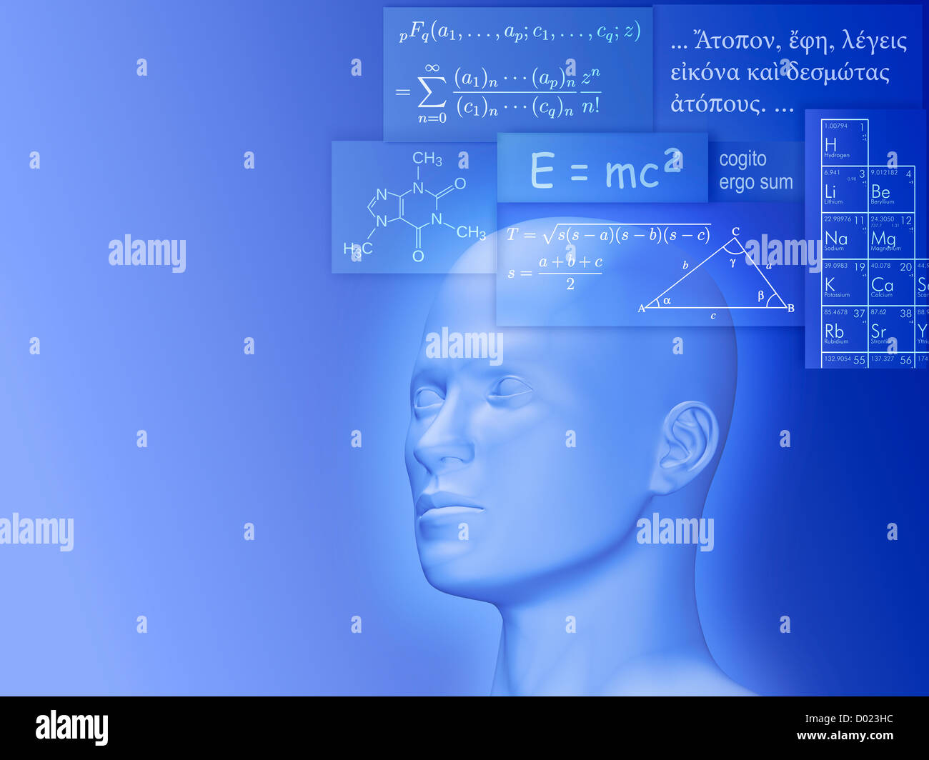 Wissen - konzeptionelle Darstellung. Menschlicher Kopf von mathematischen Gleichungen, chemische Formeln, Textausschnitte umgeben. Stockfoto