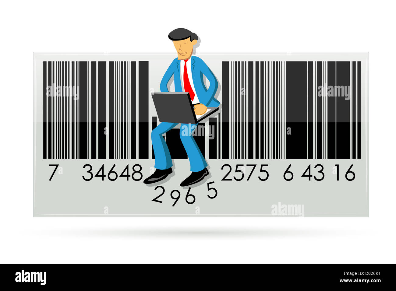 Illustration der Geschäftsmann mit Laptop im Barcode auf weißem Hintergrund Stockfoto