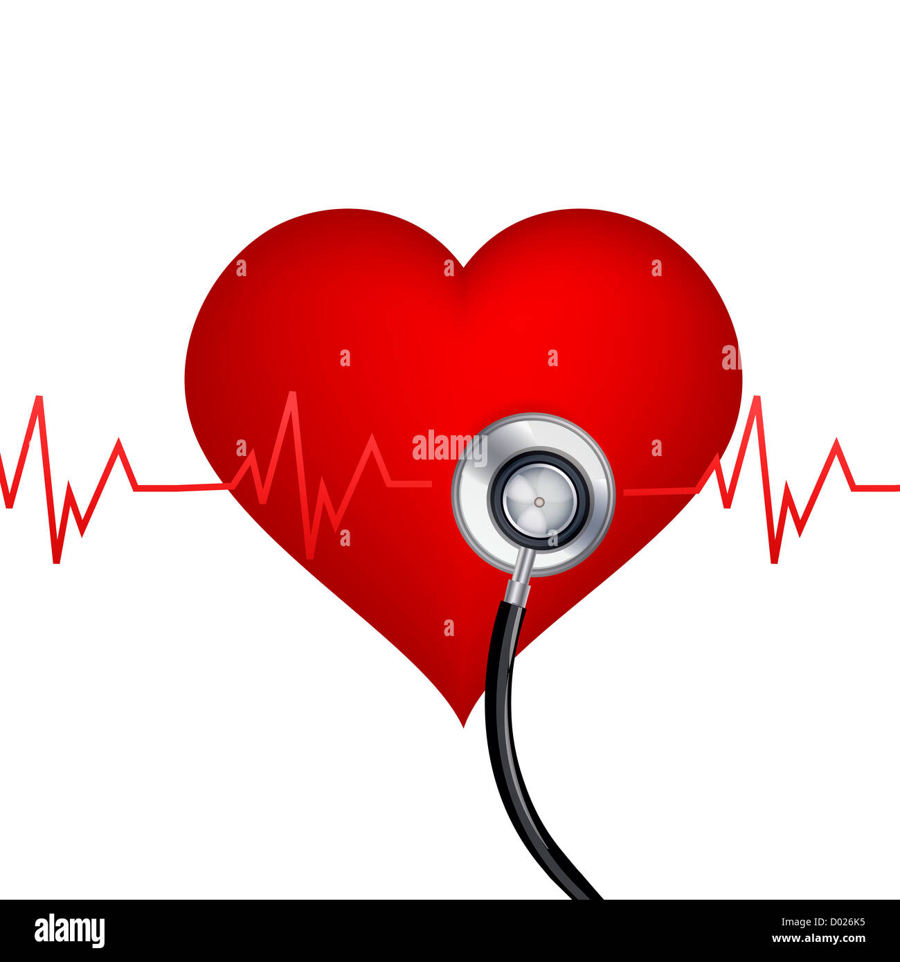 Abbildung des gesunden Herzens mit Stethoskop auf weißem Hintergrund Stockfoto
