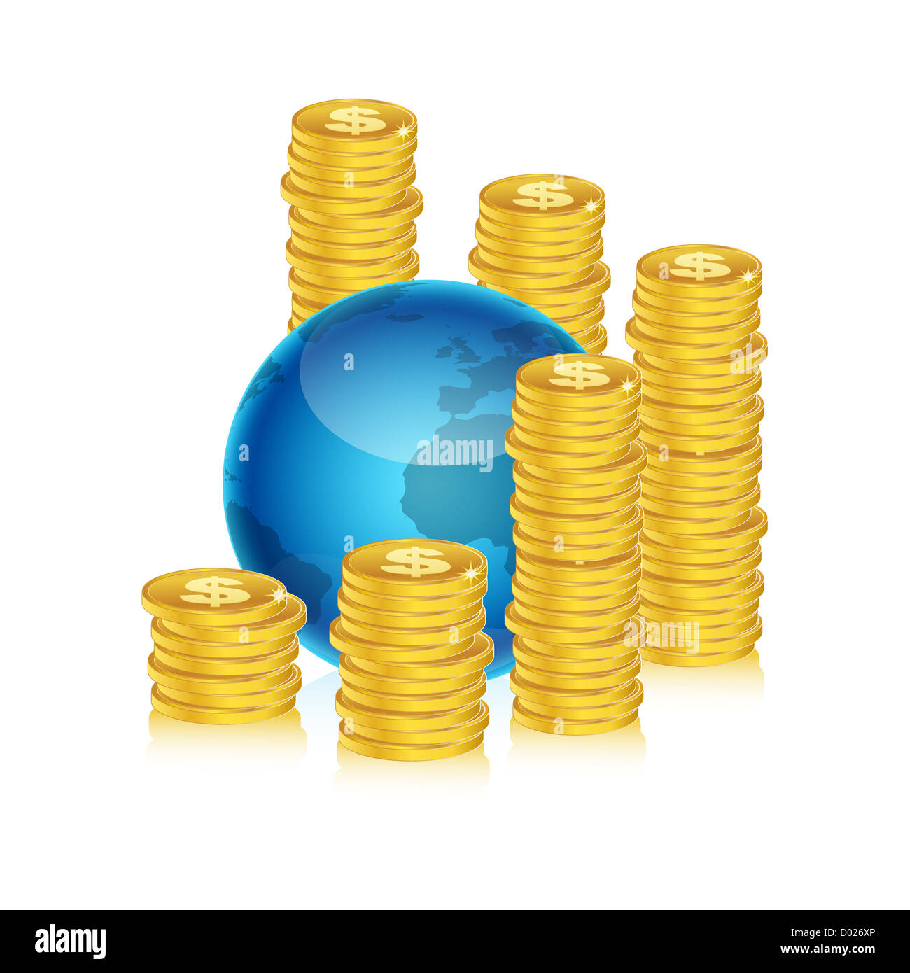 Illustration des Dollar-Münzen mit Globus auf weißem Hintergrund Stockfoto