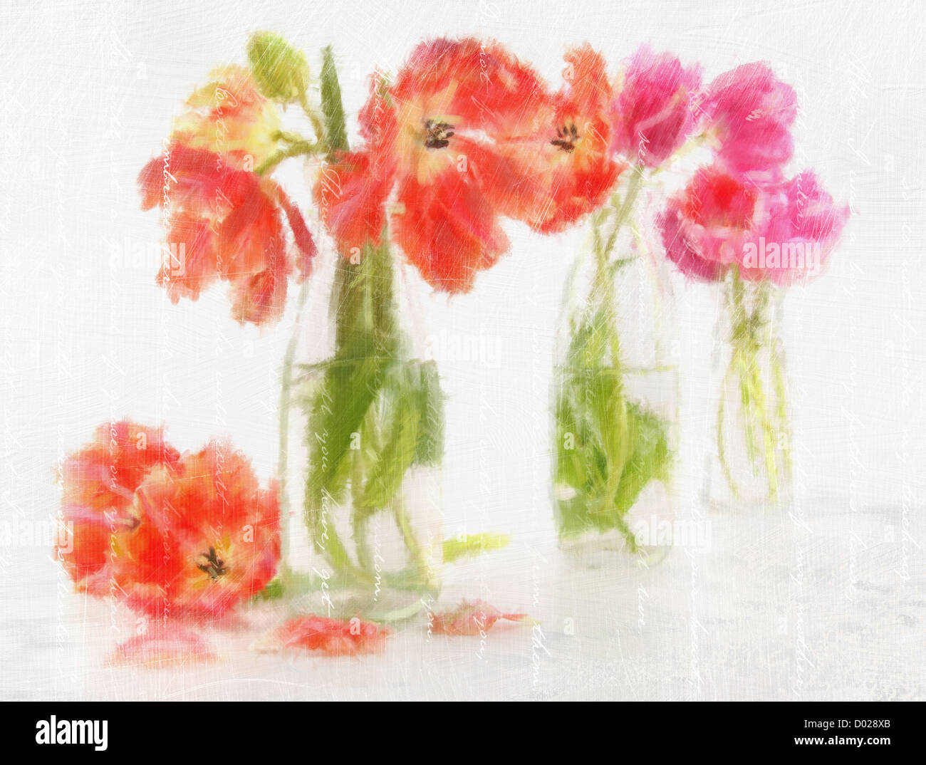 Digital gerendert Aquarell Frühjahr Tulpen in Flaschen Stockfoto