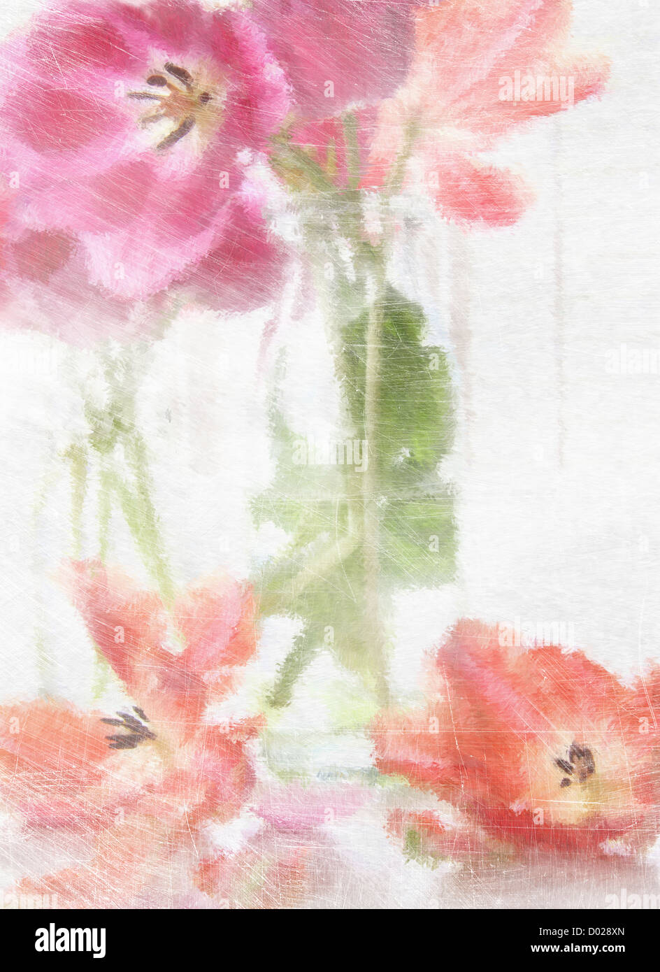 Digital wiedergegeben Gemälde Frühling Tulpen in alten Milchflaschen Stockfoto