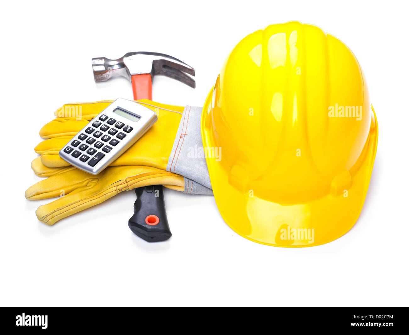 Baustelle - hardhat Hammer Handschuhe Taschenrechner Stockfoto