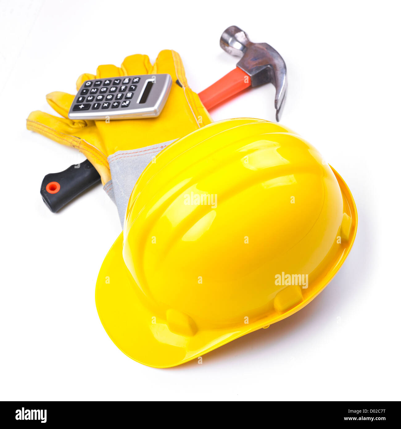 Baustelle - hardhat Hammer Handschuhe Taschenrechner Stockfoto