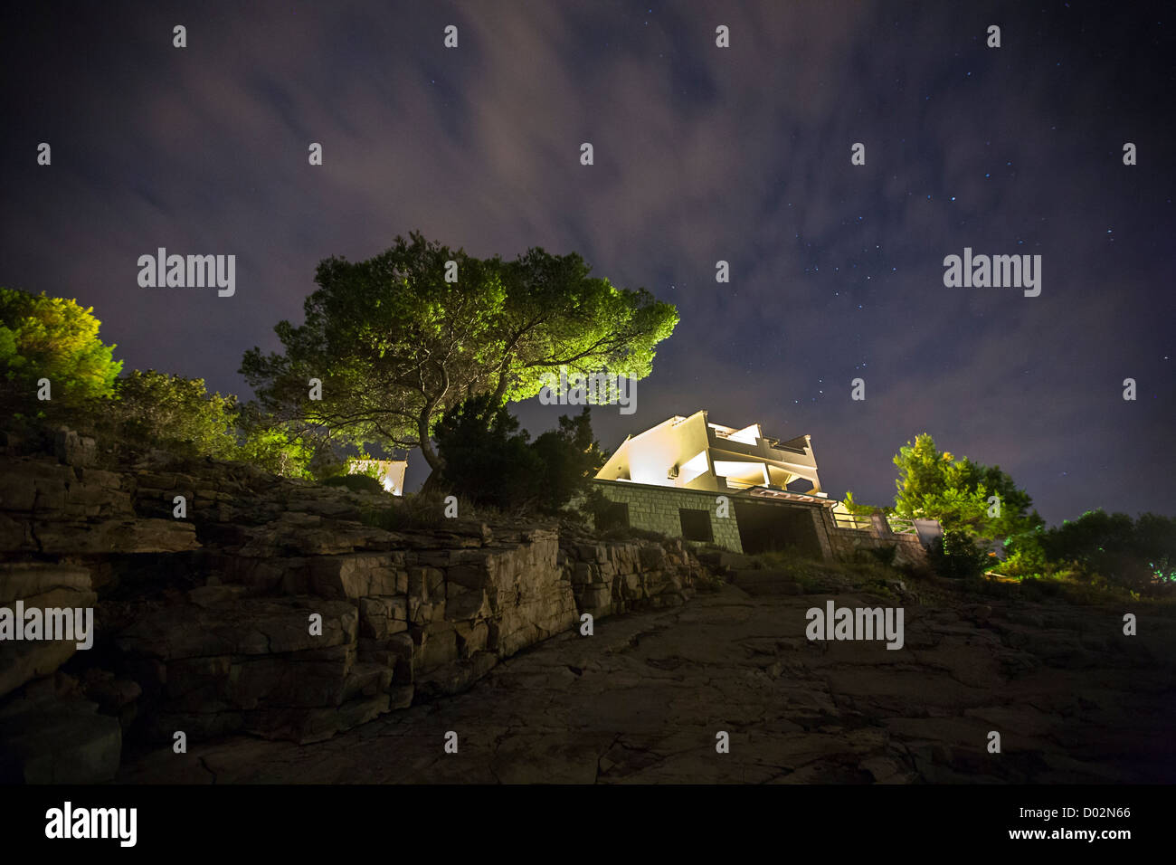 Nachtaufnahme von Villa in Basina Stadt Hvar Island Kroatien Stockfoto