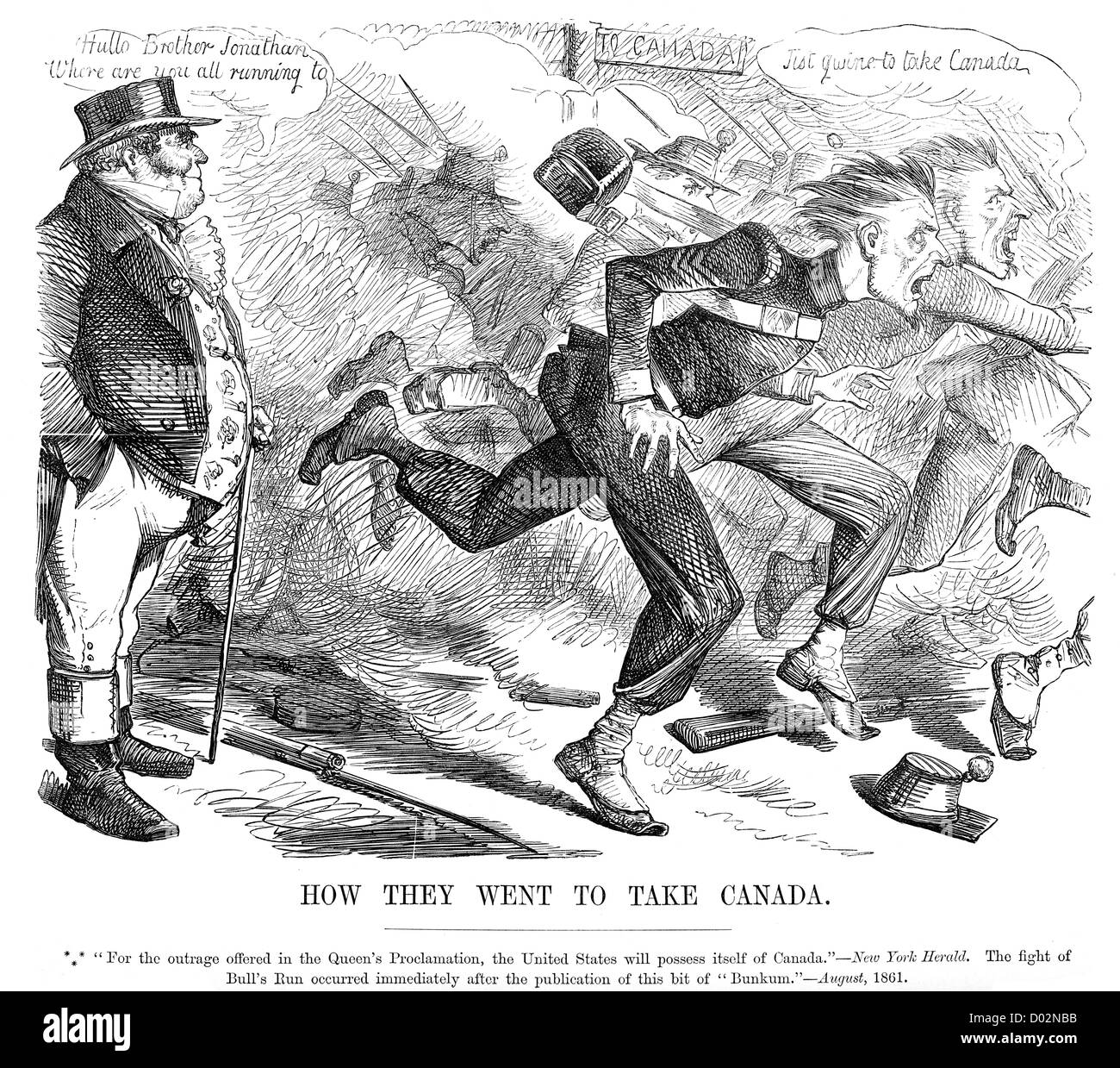 Wie gingen sie nach Kanada zu nehmen. Politische Karikatur über die USA Kanada droht. August 1861 Stockfoto