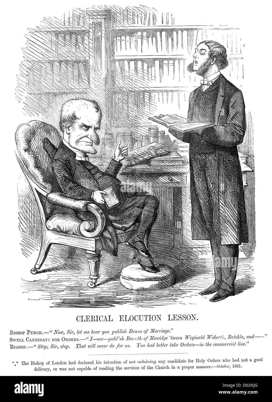 Klerikale Sprechtechnik Lektion. Politische Karikatur über dem Bischof von London. Oktober 1861 Stockfoto
